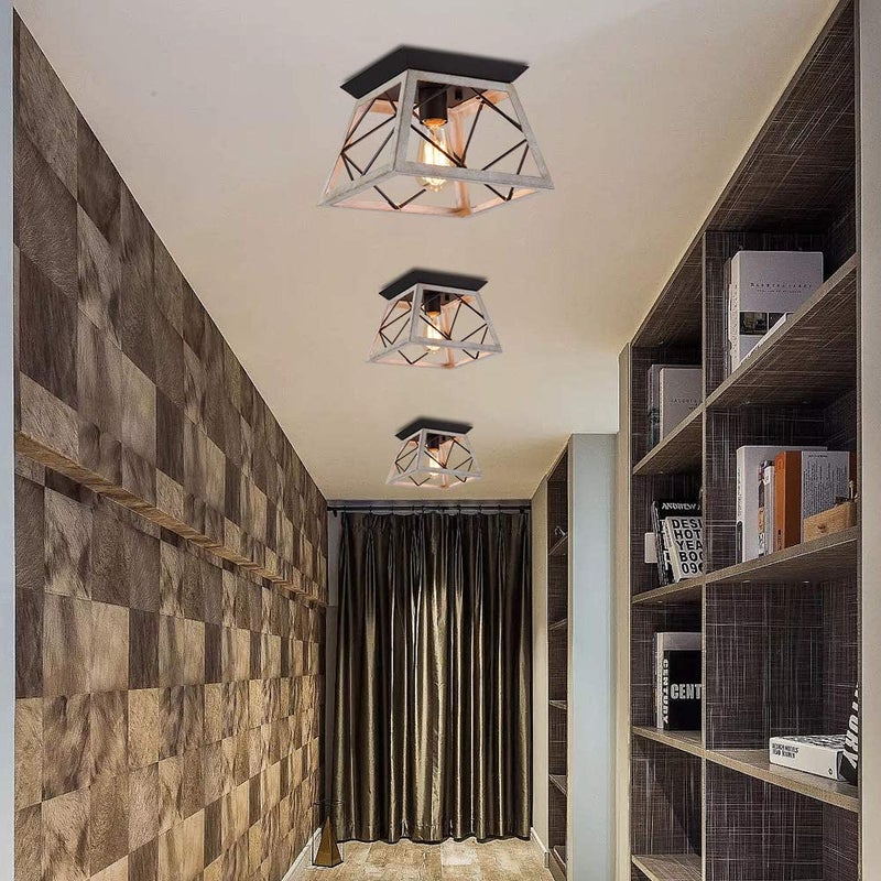 QS Q&S Rustic Farmhouse Ceiling Light Fixture Flush Mount Vintage Ceiling Lights for Hallway Entryway Kitchen Dining Room Bedroom,Wrought Iron Oak White and ORB 1 Light E26 - Image 4